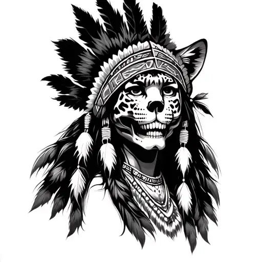 native american woman skull with jaguar headdress being worn tattoo design idea