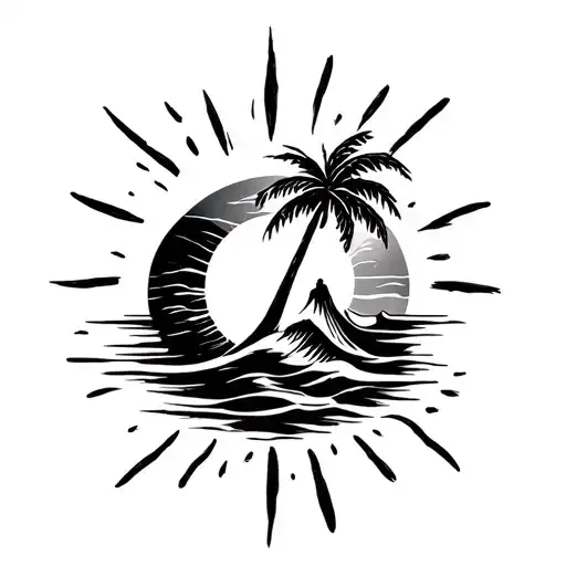 wave, sun, palm tree tattoo design idea