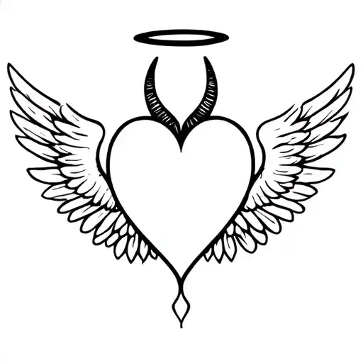 heart with wings, horns and halo on top and tail  tattoo design idea