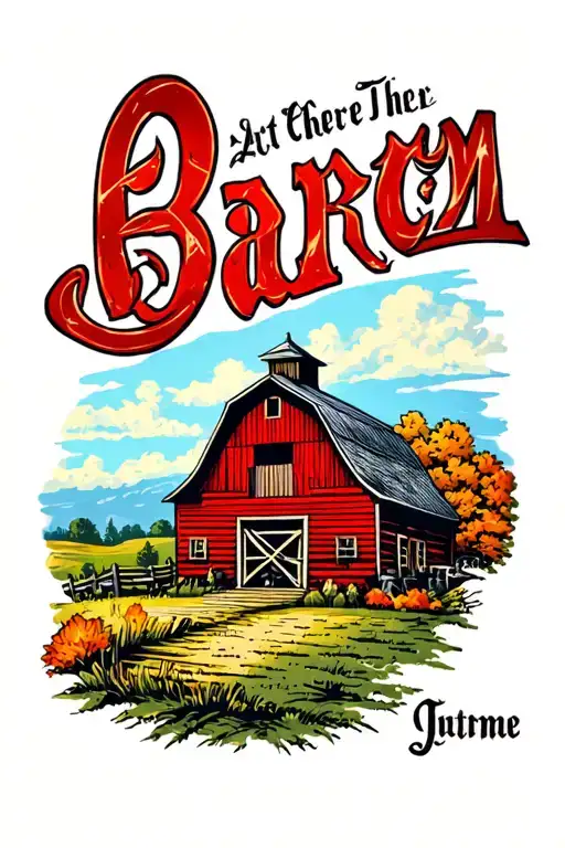 last name with barn in the back ground tattoo design idea