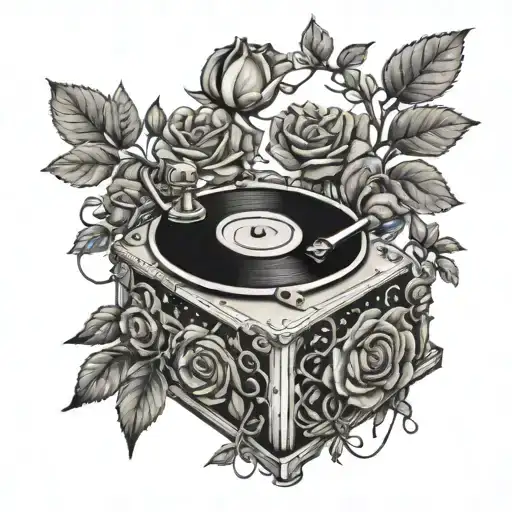 A record player spinning a vine of roses and leaves tattoo design idea