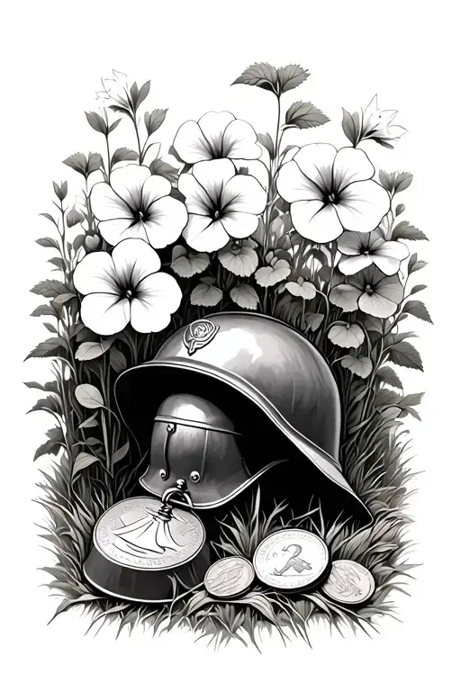 A field of Morning Glories with a military helmet laying in the field and a silver coin and bell are laying against it tattoo design idea