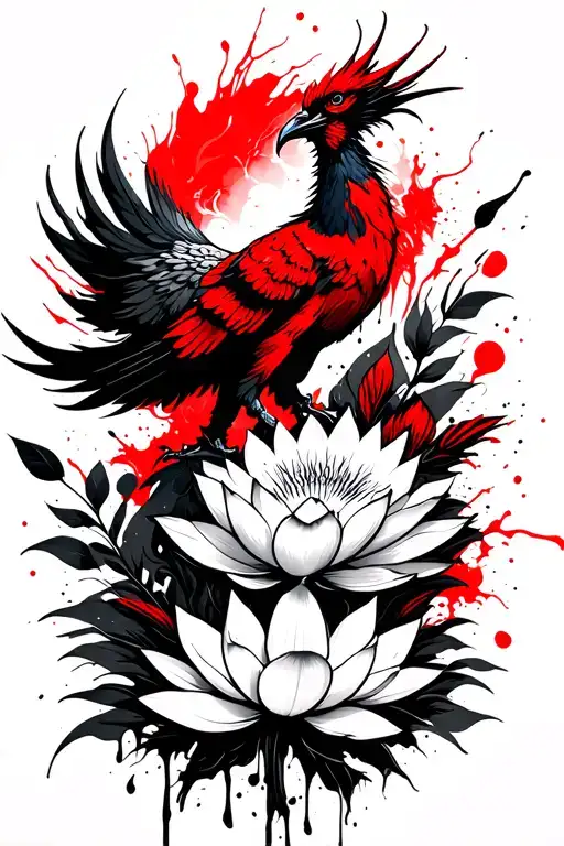 rising phoenix with lotus flowers tattoo design idea