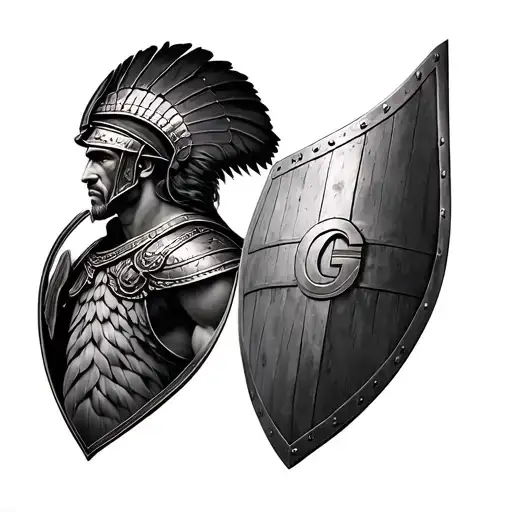 Full sleeve right arm black & gray realism: Roman centurion shoulder with shield and G on helmet. Biceps wall shields tattoo design idea