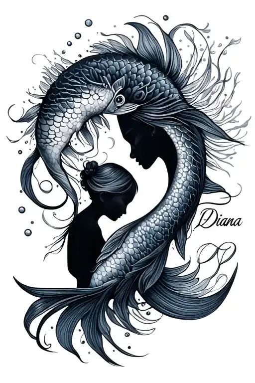 pisces, mom with child silhouette, Diana name tattoo design idea