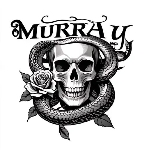 skull surrounded by snake and rose with last name Murray over top tattoo design idea