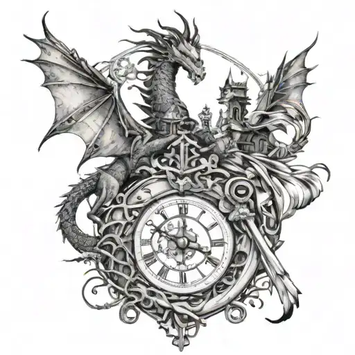 tattoo with knight, excalibur, clock, tree of life and little birds, dragon around tattoo design idea