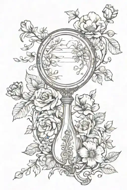 vintage hand mirror and flowers tattoo design idea