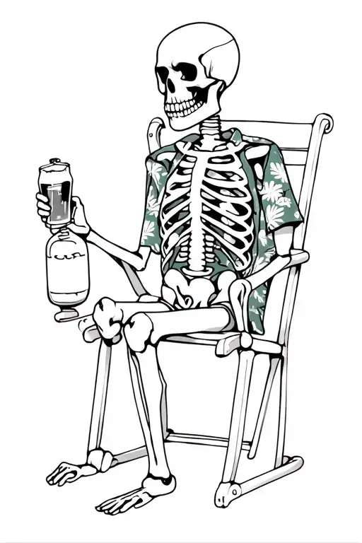 Skeleton wearing a Hawaiian shirt. Sitting in a beach chair facing to the left. Holding a beer. Scuba tank leaning again tattoo design idea