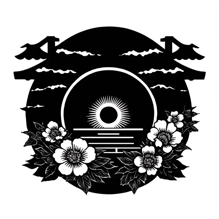 Japanese sun, Shinto shrine and flowers in a wood block print style tattoo design idea