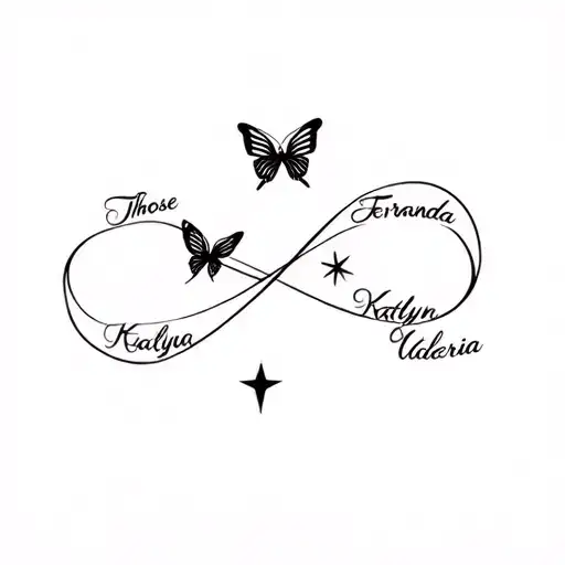 Fernanda Katlyn Valeria those 3 names forming an infinity with a butterfly and a star tattoo design idea