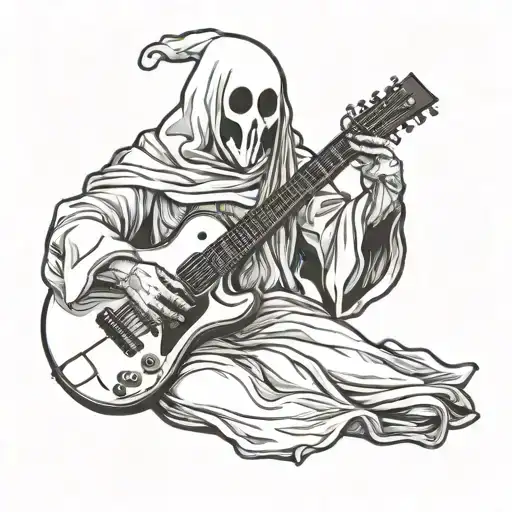A ghost in a medical gown holds a guitar tattoo design idea