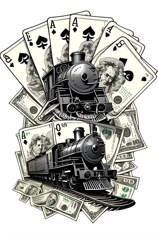 trains and money and cards forming 1943 tattoo design idea