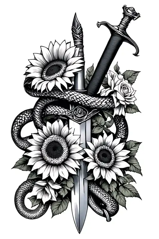 snakes wrapped around a sword with sunflowers and roses growing tattoo design idea