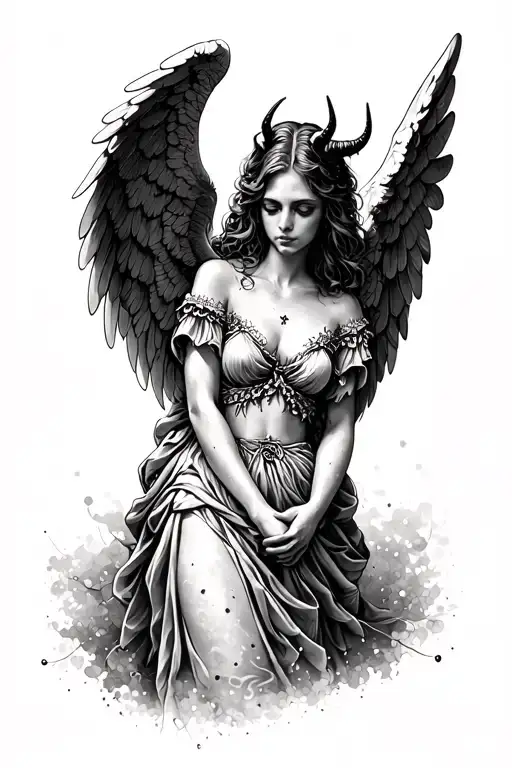 Create a tattoo of a female angel with spread wings and small devil horns on her head. She is looking remorseful tattoo design idea