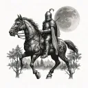 knight walking through the woods at night with moon and stars tattoo design idea