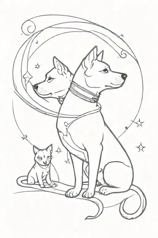 Space, dog, cat, finline design with light shading tattoo design idea