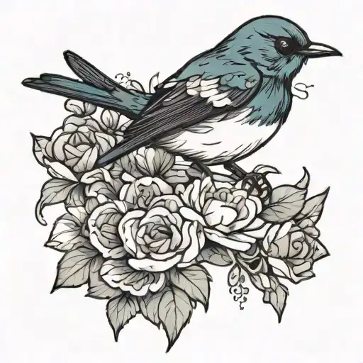 willie-wagtail bird in black holding a singular zelda flower (some blue/colour highlights (not too vibrant) in flower). tattoo design idea