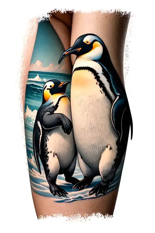 penguin, realistic, artistic, thigh tattoo, on the outside of the thigh, two penguins chasing each other playfully  tattoo design idea