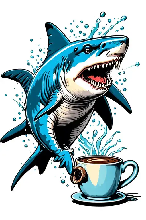 traditional shark jumping out of coffee mug overflowing tattoo design idea