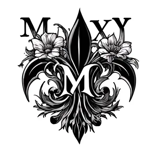 the text "MMXI" with a gothic-baroque fusion floral (fleur de lis style) that is seeminglly growing over and under text tattoo design idea