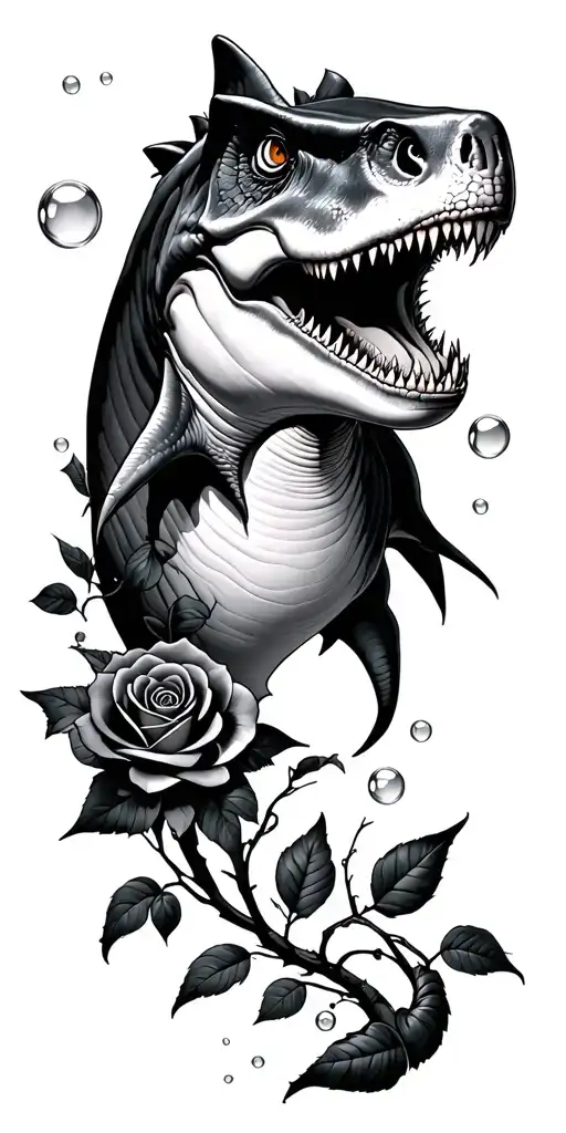 Dinosaurs, specifically hammerhead Shark, Black Grey, Ocean themed, bubbles, Maybe Vines with a rose, an owl, A dog paw  tattoo design idea