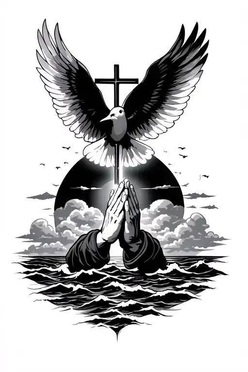 ocean sunset with a cross and praying hands with a dove flying over in the clouds make sure it's religious but gang like tattoo design idea