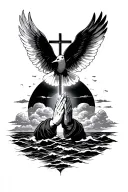 ocean sunset with a cross and praying hands with a dove flying over in the clouds make sure it's religious but gang like tattoo design idea