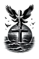 ocean sunset with a cross and praying hands with a dove flying over in the clouds make sure it's religious but gang like tattoo design idea