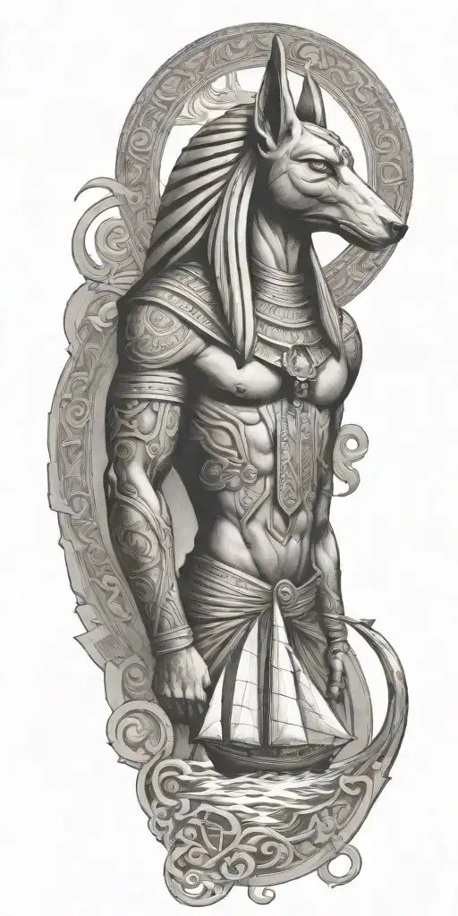 A fusion of Egyptian and Viking symbolism, featuring Anubis and a Viking ship sailing on the Nile River tattoo design idea