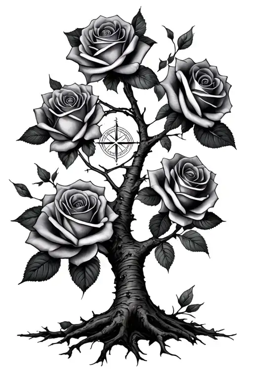 roses, tree representing family,British compass intertwined tattoo design idea