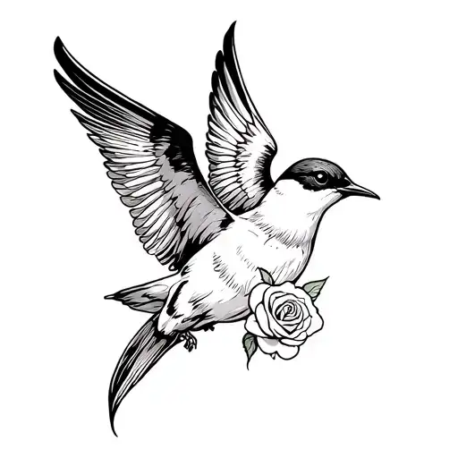 "A black and white linework tattoo design of a classic traditional swallow in mid-flight, holding a detailed rose in its tattoo design idea