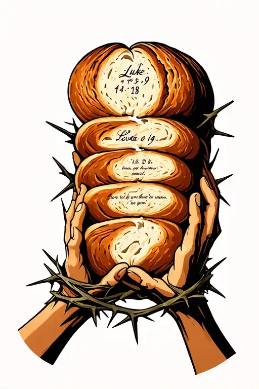 "Luke 4:18-19" Inscribed into a whole loaf of bread held up by a pair of hands wrapped in thorns tattoo design idea
