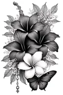 two hibiscus and plumeria with butterfly and rosary intertwined tattoo design idea