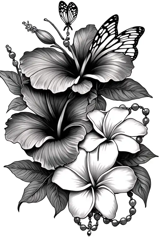 two hibiscus and plumeria with butterfly and rosary intertwined tattoo design idea