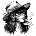 um tatto chicana style with a los vine mask and the bangs woman with long straight hair smoking a cigarette tattoo design idea