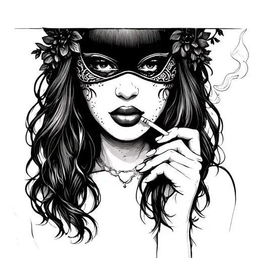 um tatto chicana style with a los vine mask and the bangs woman with long straight hair smoking a cigarette tattoo design idea