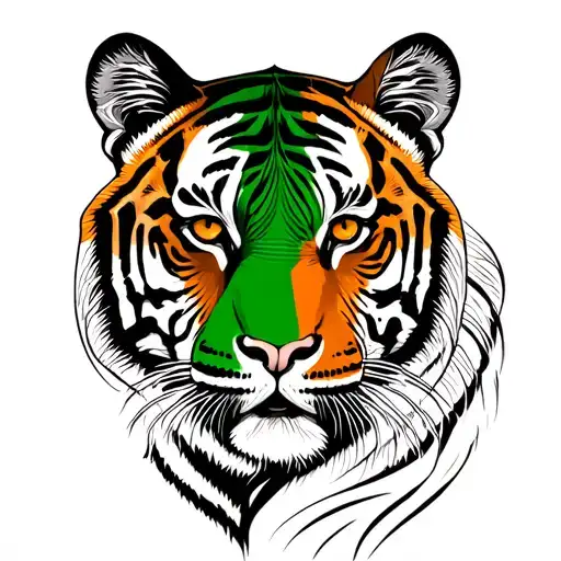 Half India face and half tiger, with thin and realistic strokes. in black and white India green and brown tiger tattoo design idea