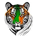 Half India face and half tiger, with thin and realistic strokes. in black and white India green and brown tiger tattoo design idea