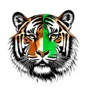 Half India face and half tiger, with thin and realistic strokes. in black and white India green and brown tiger tattoo design idea