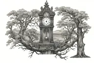 grandfather clock inside tree tattoo design idea