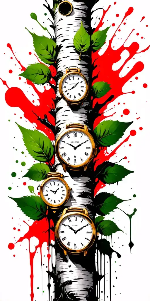 birch tree with green leaves with three timepieces on it tattoo design idea