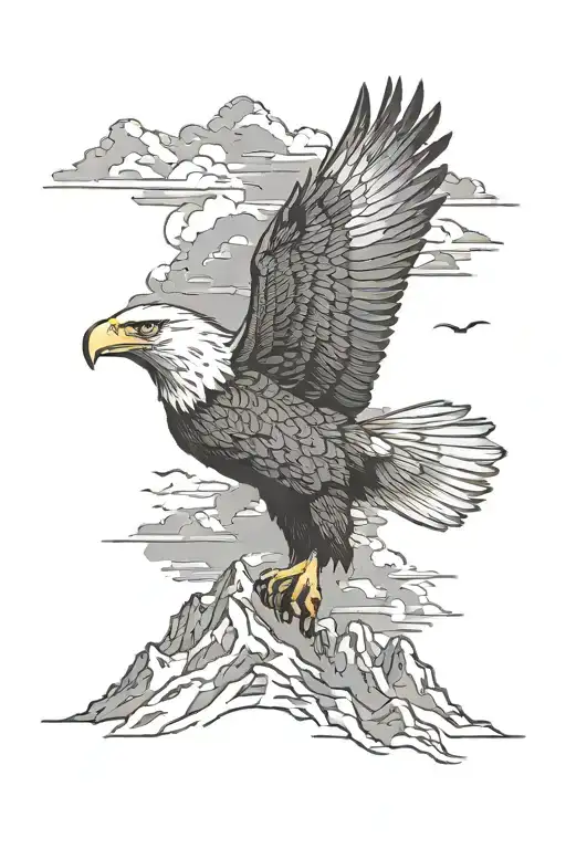 A black and grey tattoo of a majestic eagle flying over a mountain range, symbolizing freedom and strength tattoo design idea