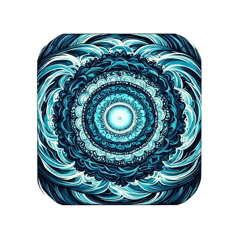 ocean waves transforming into concentric mandala patterns, abstract symmetry, depth and expansion, clean line work tattoo design idea