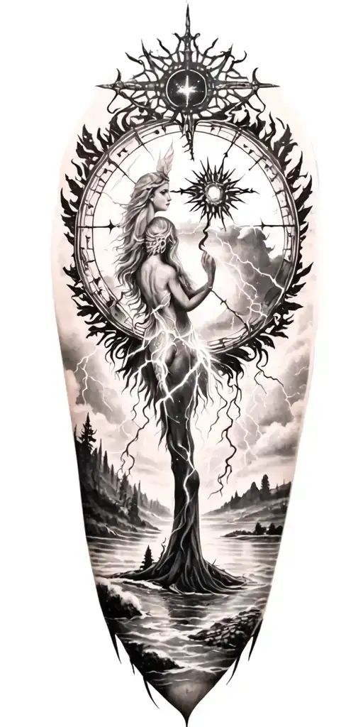 freya goddes and lightining storm and vegvisir and nature tattoo design idea