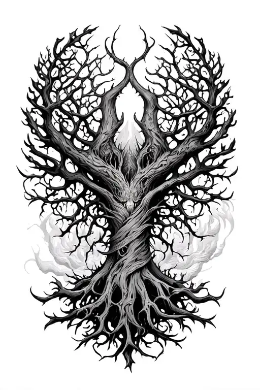yggdrasil and jormungander wrapped around upper arm sleeve tattoo design idea