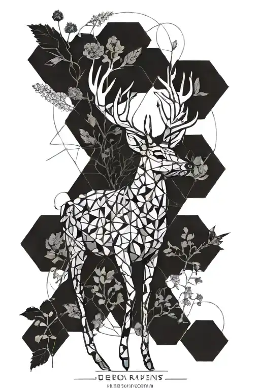 deer running surrounded by 4 leaf clovers and thistles  tattoo design idea