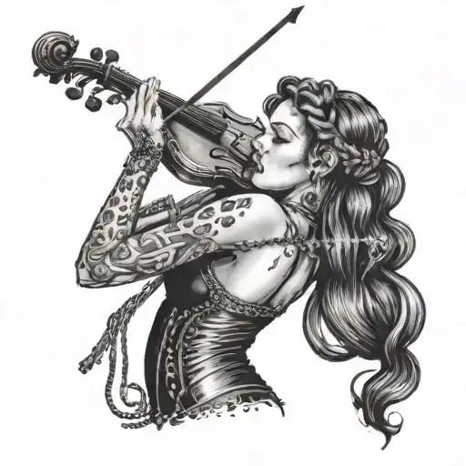 A gothic pin up girl playing a violin with rope wrapped around her tattoo design idea