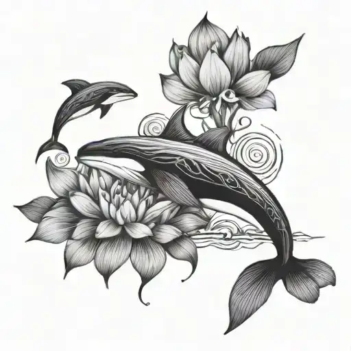 unalome with lotus flower and orca whale fineline tattoo tattoo design idea