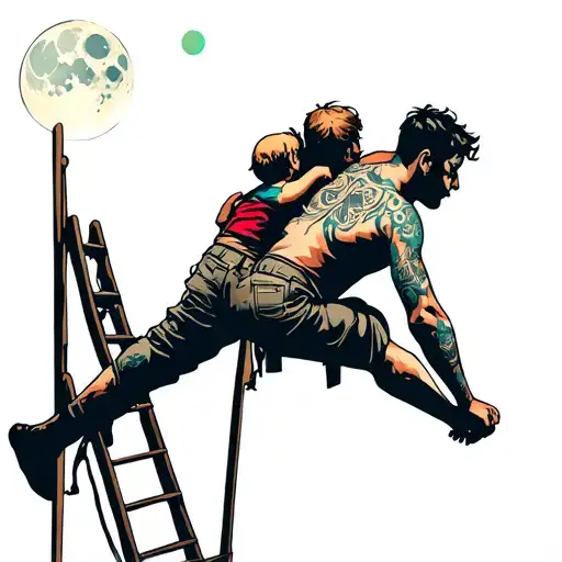 Man climbing a ladder with child on his back up to the moon  tattoo design idea